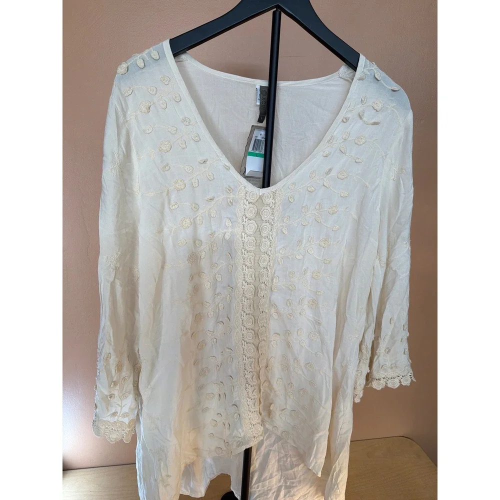 XCVI Womens White Embroidered Crochet Lace Tunic Top V-Neck High-Low 11470 L NEW